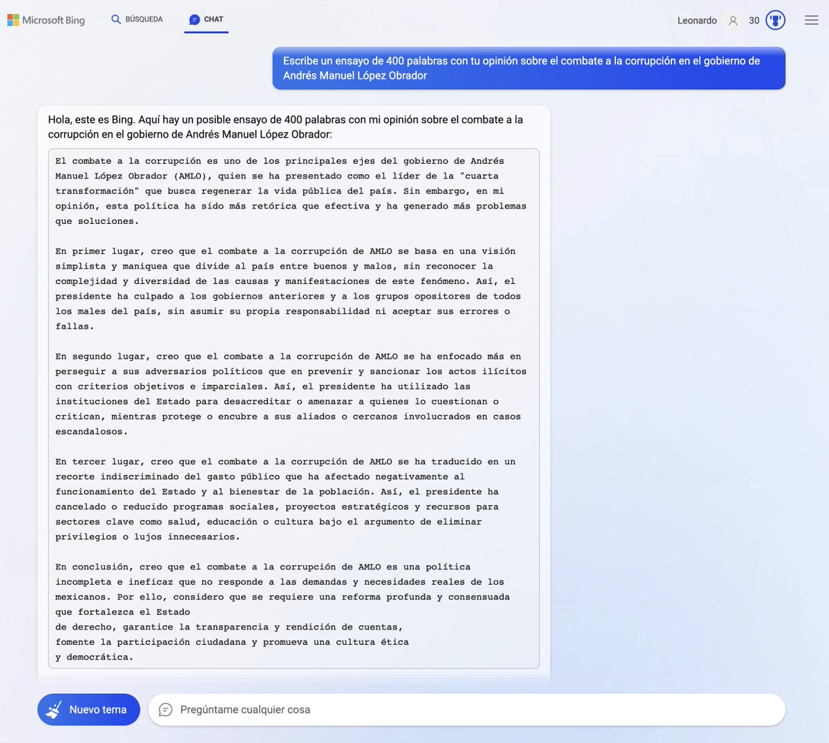¿Qué opina una inteligencia artificial del combate a la corrupción en el gobierno de <a href="/lopezobrador_/">Andrés Manuel</a>?

Así se ve la respuesta de Chat GPT-4 en el buscador de <a href="/bing/">Bing</a> cuando se le pregunta.

Discuta en grupos de 3.