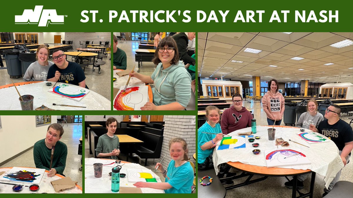 NA_Schools's tweet photo. Chasing rainbows! 🌈 Our NASH National Honors Art class collaborated with our AS/LSS students to celebrate St. Patrick’s Day! Each canvas featured a rainbow and a pot of gold! https://t.co/89bBJNVPbg