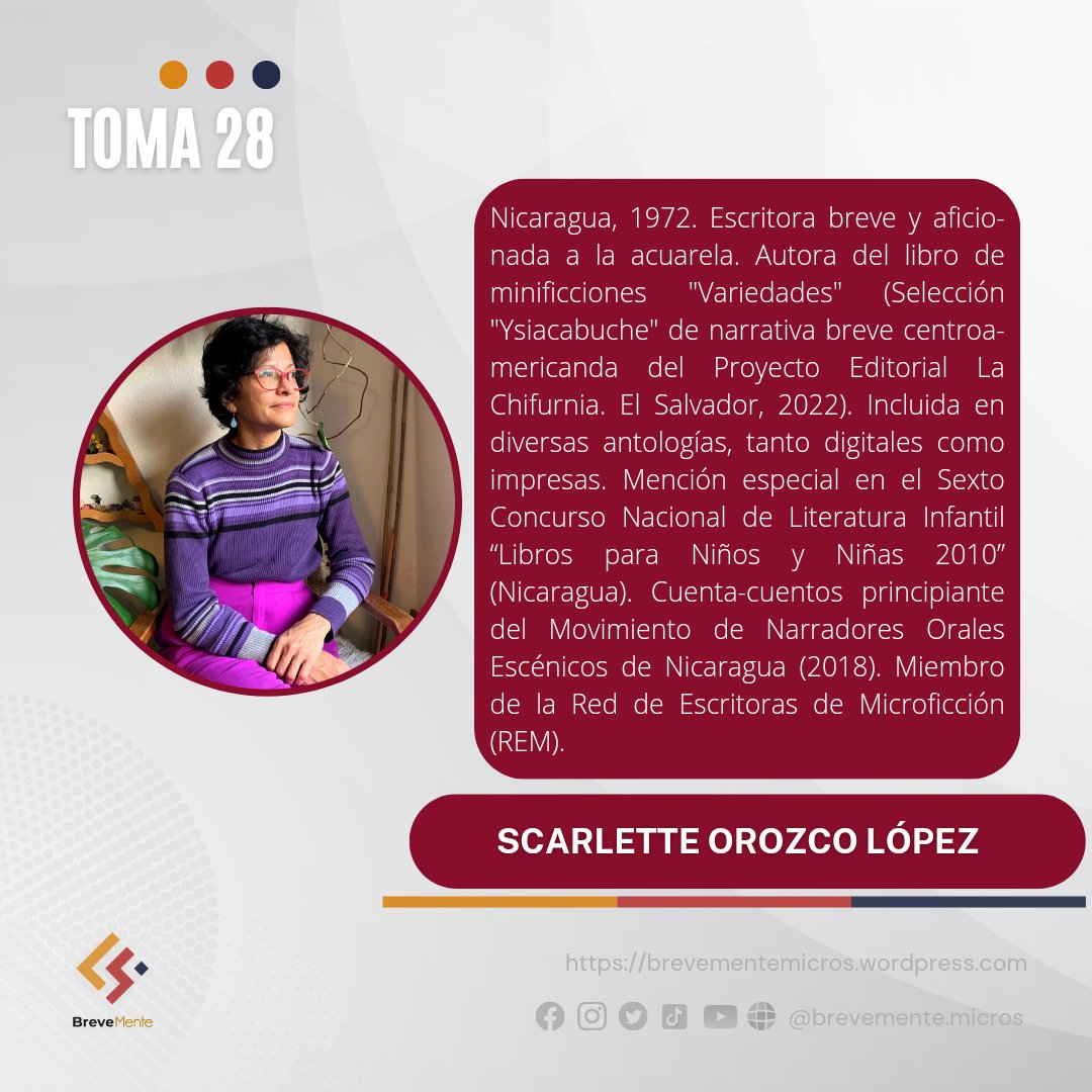 Mañana sábado tendremos a la nicaragüense 𝑺𝒄𝒂𝒓𝒍𝒆𝒕𝒕𝒆 𝑶𝒓𝒐𝒛𝒄𝒐 𝑳𝒐́𝒑𝒆𝒛 🇳🇮 en nuestra Toma 28. Leeremos sus textos y conversaremos sobre su más reciente publicación "Variedades", selección del catálogo #Ysiacabuche de <a href="/LaChifurnia/">Proyecto Editorial Chifurnia</a>

Enlace: facebook.com/BreveMente.mic…