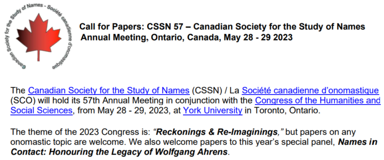 eug1979's tweet photo. e-Onomastics: Call for Papers for the Annual #Meeting of #Canadian #Society for the #Study of #Names #CSSN https://t.co/FCT7ETG88F https://t.co/RM4tf1cQEe
