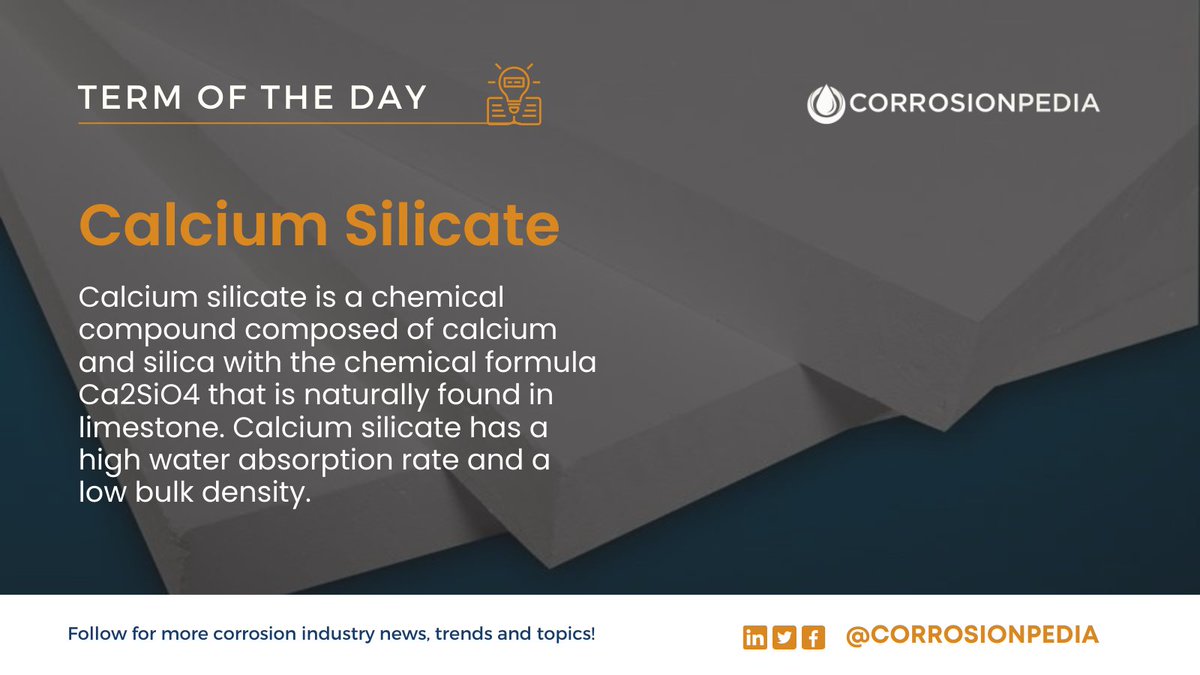corrosionpedia's tweet photo. Calcium silicate is a key industrial chemical compound used in applications requiring high strength and durability.
Learn more: https://t.co/OoLL2oBwmf
#CalciumSilicate #IndustrialChemical #HighStrength #LowBulkDensity #WaterAbsorption https://t.co/SEQpSCEKYx