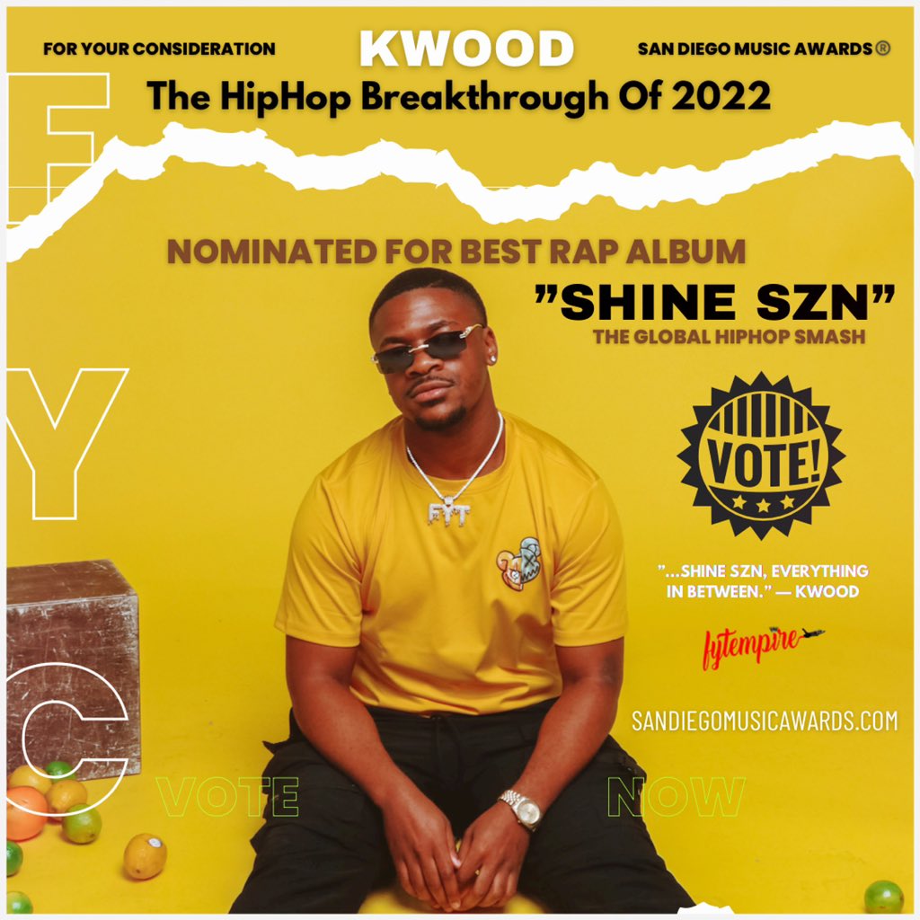 💿💛🙏🏾 #ForYourConsideration
<a href="/Mixedbykwood/">Kwood 🍋</a> - “Shine Szn” Nominated for best Rap/HipHop Album in San Diego! Voting ends March 25. 

Vote Now on <a href="/SDMusicAwards/">San Diego Music Awards</a> 🗳️

Purchase tickets! 🎫 
sandiegomusicawards.com