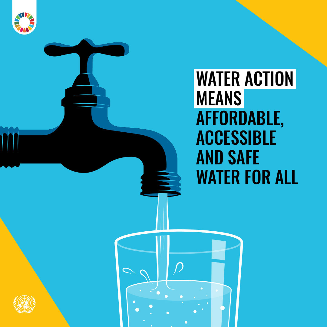 UN's tweet photo. Clean water is a human right, not a privilege.

We need #WaterAction to guarantee affordable, accessible &amp; safe water for all.

More ahead of next week’s UN Water Conference: https://t.co/sQKxCSMY3L https://t.co/EUY0jckw1w
