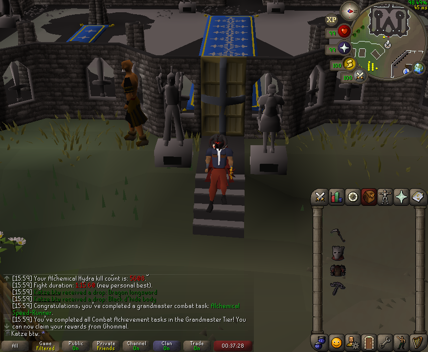 SuperrrKatze's tweet photo. Grandmaster on the Ironman with no Twisted bow or Tumeken's shadow. Thanks to all that helped with tasks, and shout out the spooned Scythe, Nihil horn, and Inquistor for helping a ton. Now we go for the tbow, shadow, and torva. https://t.co/76JfPS0KOC