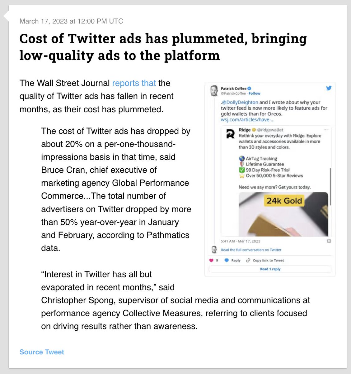 If you're wondering why all these crappy ads are appearing here, it's because they can't get anyone else to pay their ever-decreasing rates twitterisgoinggreat.com/#cost-of-twitt…