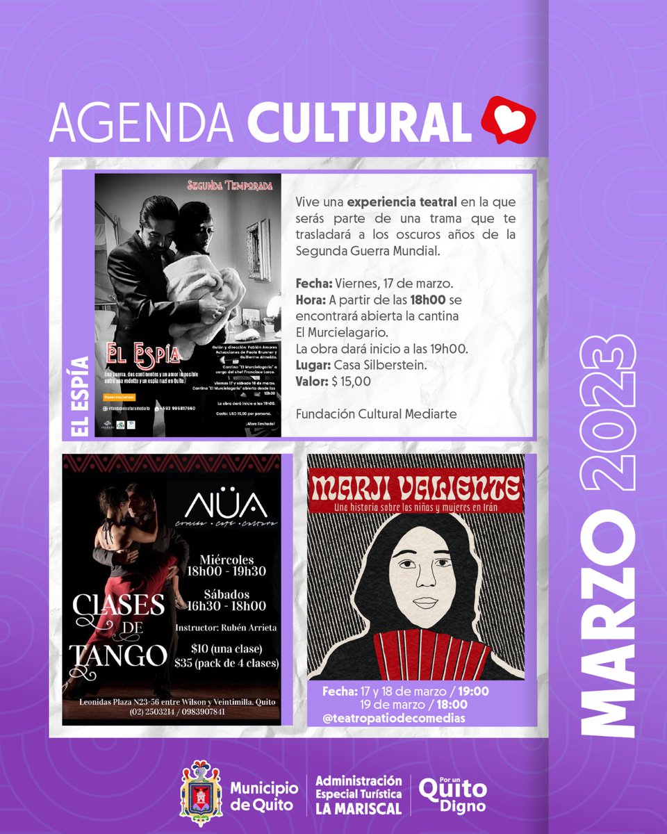 zonalamariscal's tweet image. Te traemos las mejores actividades para este fin de semana! 
🧐Revisa las actividades culturales que tenemos en La Mariscal: teatro 🎭, baile 💃y arte.

#YoAmoQuito #RescatemosLaMariscal #PorEllas #ZonalesEnAcción