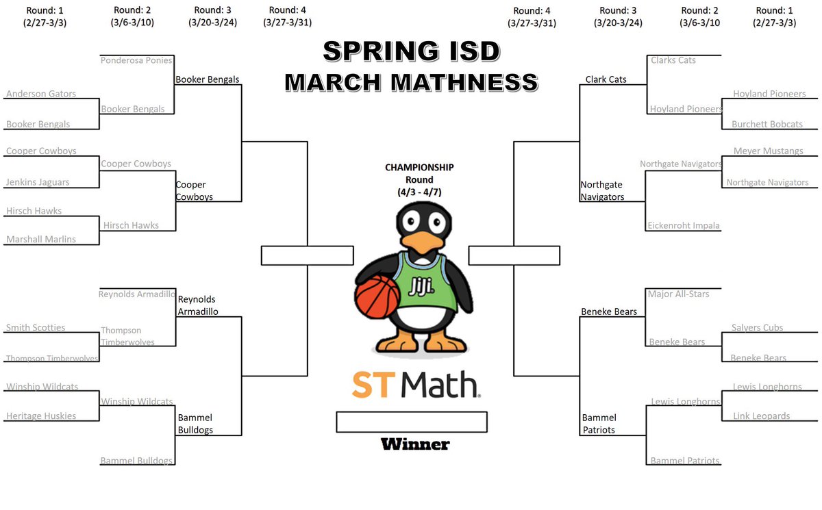 CRYSTAL ST JULIAN (@crystalstjulia2) on Twitter photo It is Round 3 of <a href="/SpringISD/">Spring ISD</a> Elementary  <a href="/STMath/">ST Math Educator? Follow us on MINDEduOrg!</a> March Mathness Challenge!!! Check out which Spring ISD Elementary Campus advanced to the Elite Eight!!  @SpringISD_Super <a href="/SISD_CoA/">K. Cuellar</a> <a href="/LaTracyHarris/">LaTracy Harris, Ed.D</a> <a href="/KAndersonEduc8/">Kelli Anderson</a> @SpringISD_Curr It is Round 3 of <a href="/SpringISD/">Spring ISD</a> Elementary  <a href="/STMath/">ST Math Educator? Follow us on MINDEduOrg!</a> March Mathness Challenge!!! Check out which Spring ISD Elementary Campus advanced to the Elite Eight!!  @SpringISD_Super <a href="/SISD_CoA/">K. Cuellar</a> <a href="/LaTracyHarris/">LaTracy Harris, Ed.D</a> <a href="/KAndersonEduc8/">Kelli Anderson</a> @SpringISD_Curr