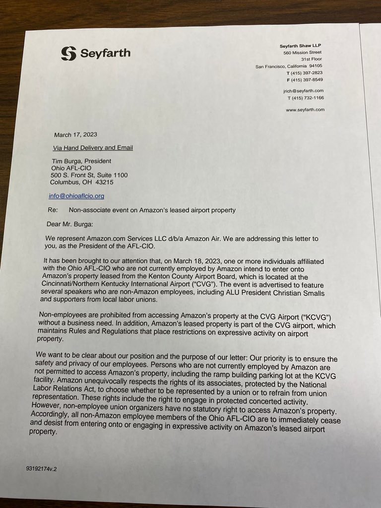 Shut_downAmazon's tweet image. I haven’t even been in a Kentucky 5 hours and @Amazon and their new million dollar lawyers already threatening to arrest me and others who support the workers rallying at tomorrow! They served this letter to our legal counsel today. My response to the letter is I’ll see you…