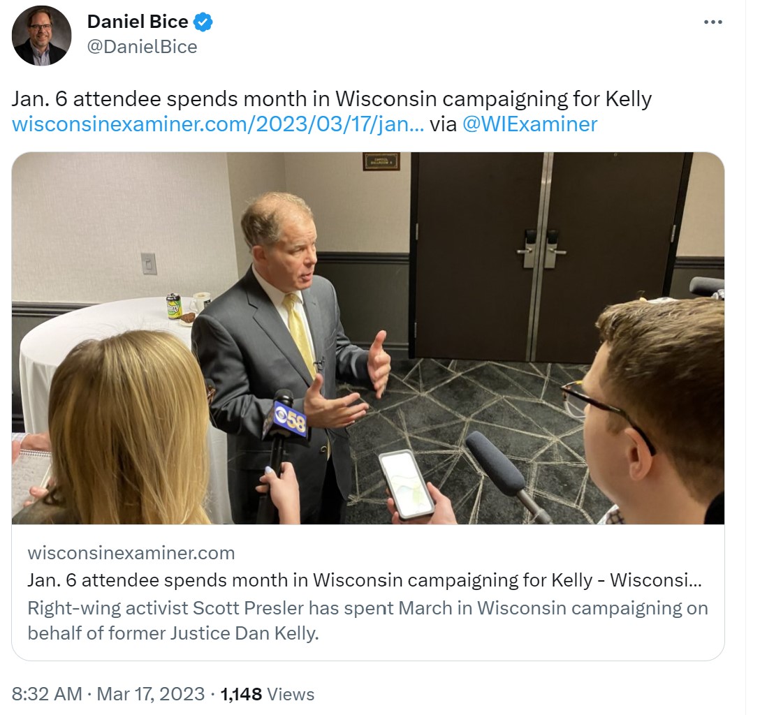 doranchad's tweet photo. To prove the point, JS reporter Dan Bice had no issue retweeting a story by the liberal Wisconsin Examiner today that features no sources and relies on social media posts to drive it's narrative and quotes the head of a liberal organization that supports Janet.

Please. https://t.co/iWxRZZq4Lg