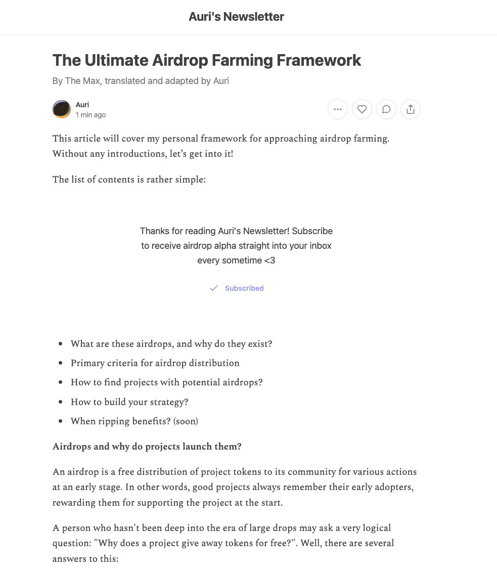 Auri_0x's tweet photo. Gm

Published airdrop research framework on substack. 

Closing the gap between pro-airdrop farmers and crypto twitter since 2022 https://t.co/SUS1jXHmd7