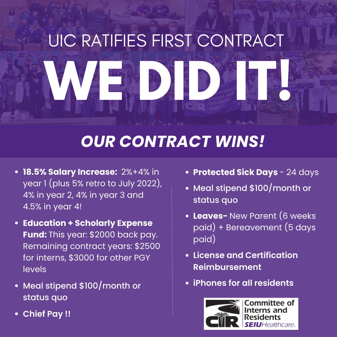 Residents and fellow physicians at @UIHealth have ratified our first contract, with a 18.5% salary increase, education $2,500 minimum education stipend, meal stipends and MORE! We bargained, we marched and we organized for almost a year, and together WE WON.