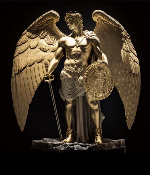 MickScotland's tweet photo. @trevorjonesart asked @midjourney_ai to create a new bitcoin angel. Not bad but prefer the original ;) how’s the France  Castle Party shaping up? https://t.co/2f9ptAlaJl