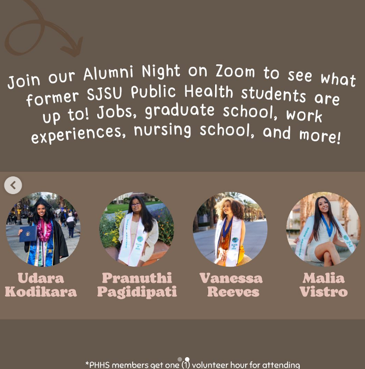 PHHS is hosting an Alumni Night on Thursday, March 23rd, 2023 from 6:00 PM-7:00 PM. This is a great opportunity to see what former SJSU Public Health students are up to! 

Zoom Meeting ID: 885 2071 9207

Open to ALL public health majors/minors (PHHS membership not required)