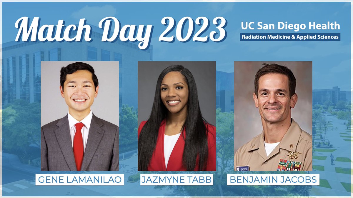 Welcome to the UC San Diego Radiation Medicine Family Gene Lamanilao (<a href="/gene_lamanilao/">Gene Lamanilao, MD, MS</a>), Jazmyne Tabb (<a href="/JazmyneTabb/">Jazmyne Tabb</a>), and Benjamin Jacobs, MD (Military Match). We’re excited and honored to have you all join the team! #MatchDay2023 #Match2023 #RadOnc