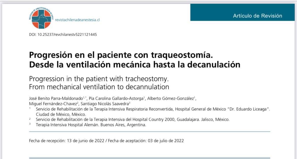 BenitoParraMal1's tweet photo. Les comparto nuestra nueva publicación. Progresión en el paciente con traqueostomia, desde la VM hasta la decanulación. @chileanestesia Muchas gracias Dra 🙏 https://t.co/l8BuW6fhro