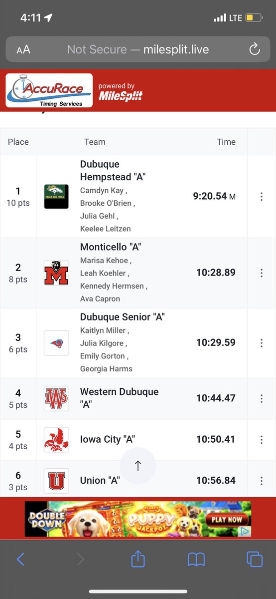 HHSLadyStangsTF's tweet photo. 🚨Indoor Record Alert 🚨
Kamdyn Kay Brooke O'Brien Julia Gehl and Keelee Leitzen break their own indoor school record and are #BlueOvalBound 💙💚🐴💛🏳️
@MikeJaytrackxc @DrakeRelays @THsportsfeed https://t.co/nN4bWW6Zpr