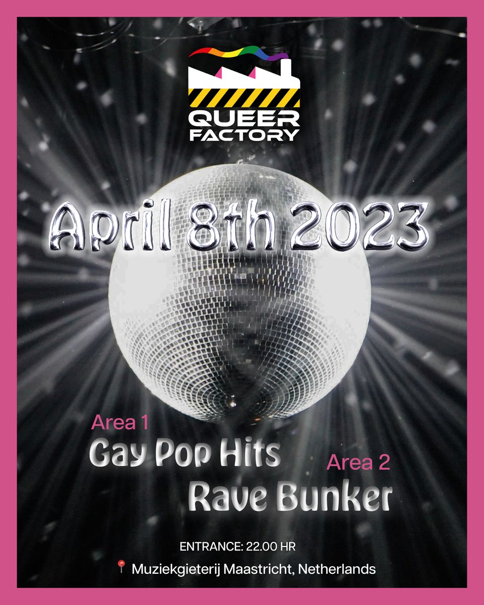 coclimburg's tweet photo. Queer Factory - 2e Editie - 8 April van 22:00-04:00 in de Muziekgieterij.

Zoals altijd met de Gay Pop Hits die je kent van nu en van de vroegere Pink Party's, en de 2e zaal als rave bunker!

Tickets te koop via https://t.co/wzKXwEgFN6
Meer info via: https://t.co/h55IgBqtxH https://t.co/XOiWY3igtg