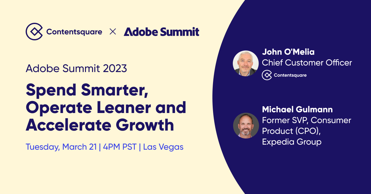 Michael Gulmann, Former SVP of Consumer Products at <a href="/Expedia/">Expedia</a>, and <a href="/John_OMelia/">John O'Melia</a>, Chief Customer Officer at Contentsquare, are taking the stage at <a href="/AdobeSummit/">Adobe Summit</a> to share their key insights on how to drive growth in 2023!

okt.to/c4hj9A

#AdobeSummit #MoreHumanAnalytics