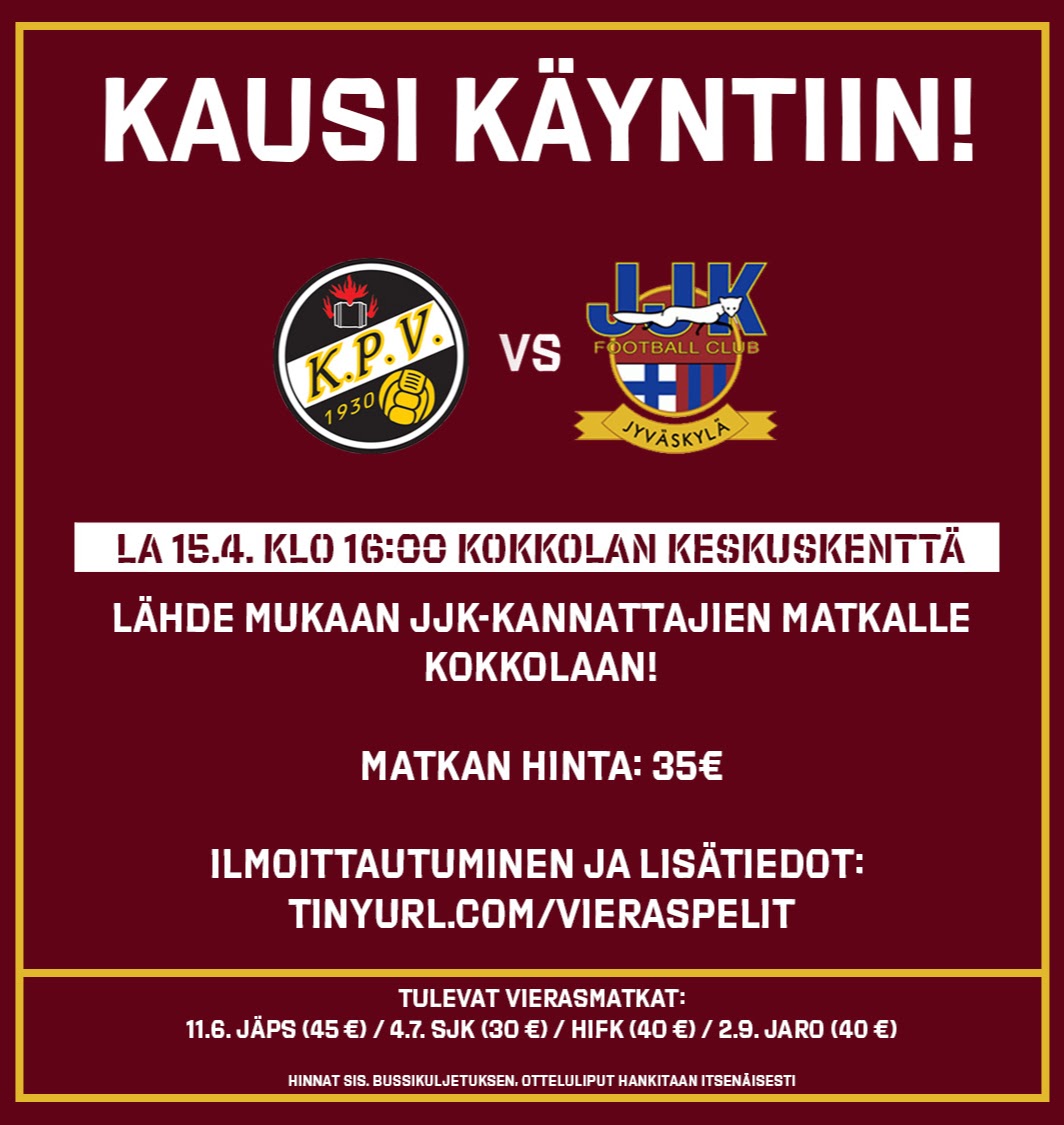 harjunpojat's tweet photo. Ilmoittautuminen JJK-kannattajien bussireissuille on auki! Ensimmäisenä vuorossa ekskursio Kokkolaan lauantaina 15. huhtikuuta!

Ilmoittaudu helposti yhdelle tai useammalle matkalle osoitteessa https://t.co/L2JrVsp9GT

@JJK1923 @MiestenYkkonen https://t.co/R1G5mV7joD