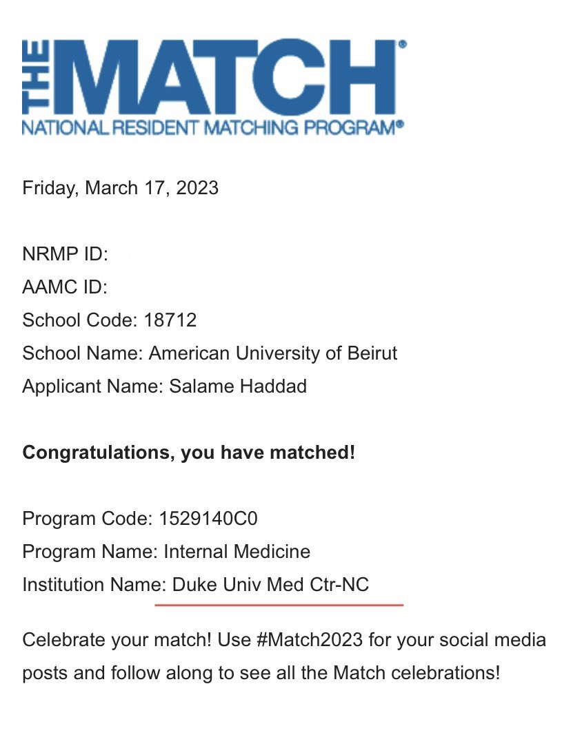 HaddadSam's tweet photo. Delighted to join @IMResidencyDuke @dukemedicine program! A dream in the making #Match2023 @AUBMC_Official @AUB_Lebanon https://t.co/GzX0f8kTdD