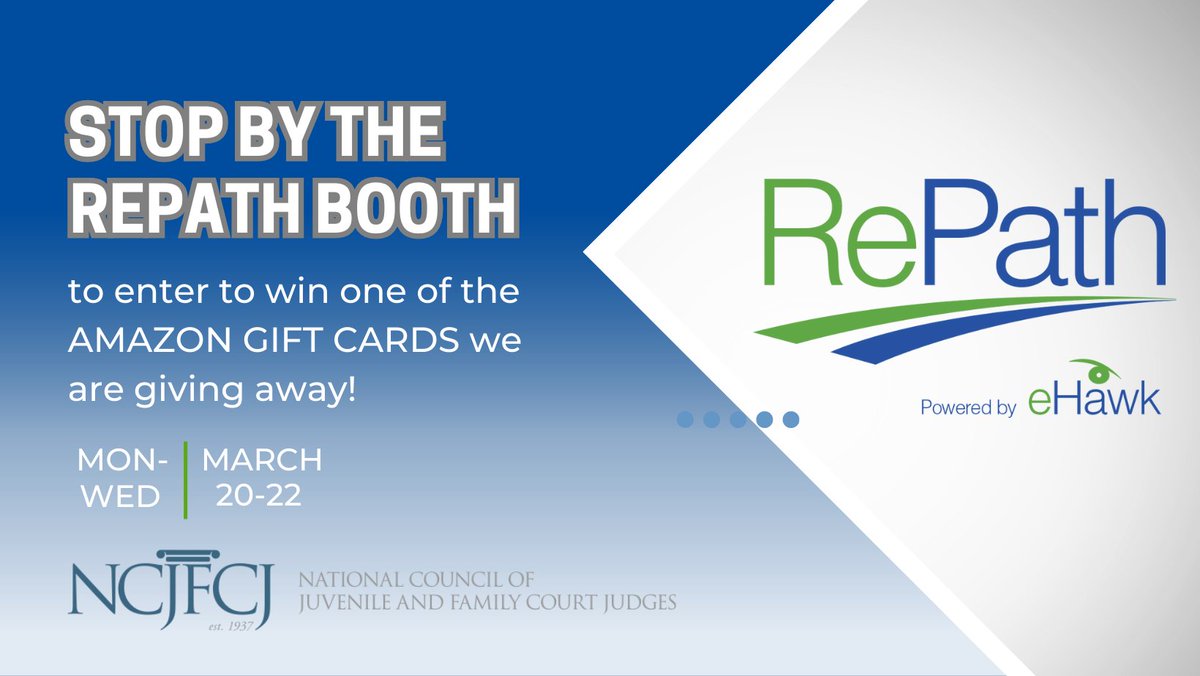 repathapp's tweet image. Stop by our booth Monday through Wednesday next week (March 20th-22nd) for a chance to win an Amazon gift card! 

We look forward to seeing you! 

#NCJFCJ #RePathApp #eHawk #RePath #CriminalJustice #communitycorrections #ehawksolutions #PleaseShare #amazon