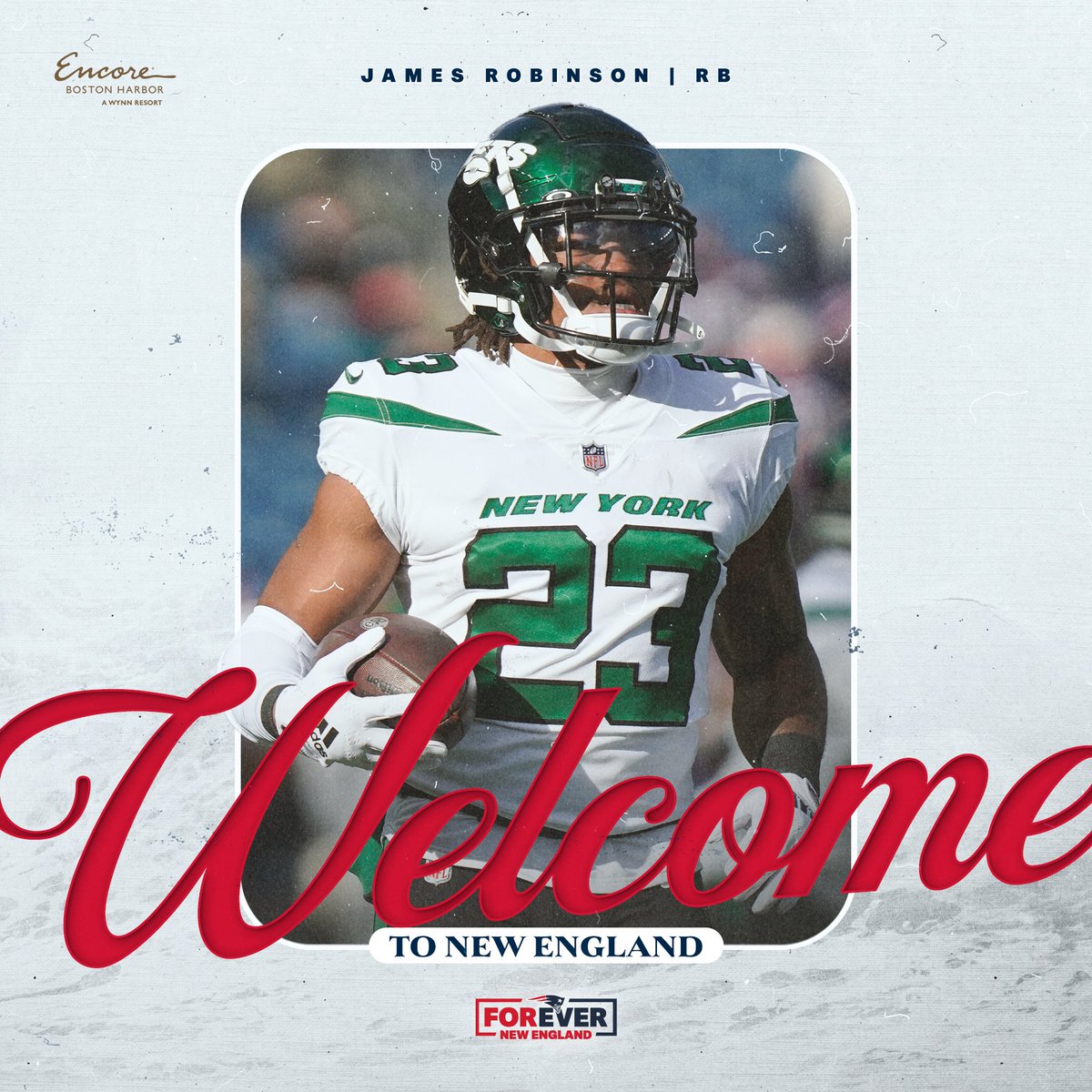 Patriots's tweet photo. J-Rob in Foxboro. 

Welcome to New England, @Robinson_jamess! https://t.co/GiunSV6OHr