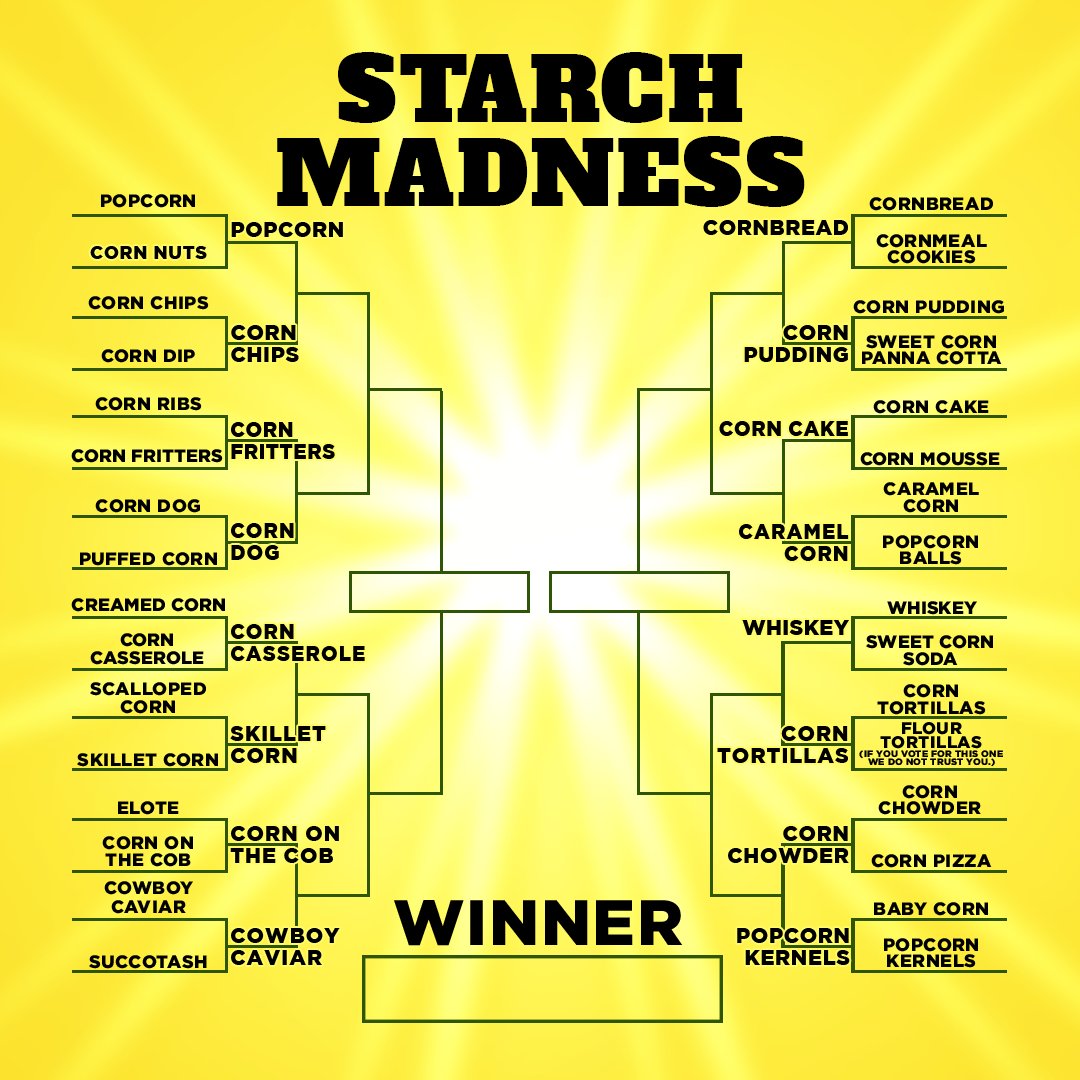 Shucked_Musical's tweet photo. Round one of #StarchMadness is complete!!! 🌽 Did your picks win? Voting for round two begins tomorrow, the stalks are getting higher. https://t.co/3TA9o3fJoj