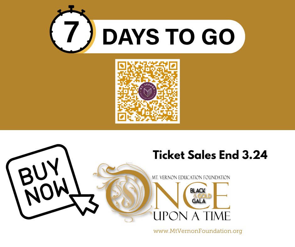 You're running out of time to purchase your  'Once Upon A Time'  Gala Ticket! Ticket Sales End a week from Today, March 24th at 12N!  It is easy to purchase, scan the QR Code or go to our website @mvcsc_district @MVAthletics @MVHS_SPIRITCLUB @MtVernonHS @geistmag @DrScottShipley