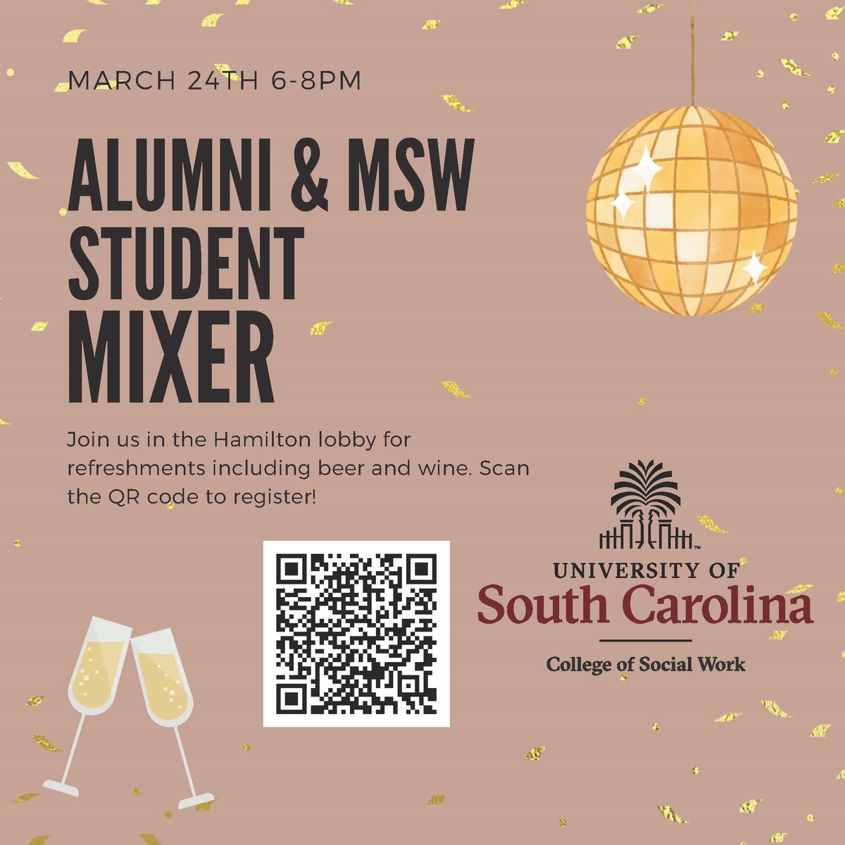uofsccosw's tweet photo. Cheers to a fantastic night of networking and fun! @uofsccosw alumni and #MSW students, we invite you to come together for a cocktail party mixer on Mar. 24, sharing your advice and raising a glass to new beginnings. #AlumniMixer #GraduatingSoon #Networking #socialwork #Gamecocks https://t.co/DowsGf8BcQ