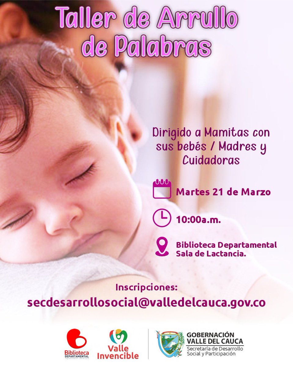Desde la Secretaría de Desarrollo Social y Participación invitamos a nuestro taller de arrullo, el día martes 21 de marzo. Inscripciones al correo secdesarrollosocial@valledelcauca.gov.co

Somos un #ValleInvencible 💪🏻💚🧡 <a href="/claraluzroldan/">Clara Luz Roldán González</a> @karenradaramirez <a href="/gobvalle/">Gobernación Valle del Cauca</a> <a href="/bibliovalle/">Biblioteca Departamental Jorge Garcés Borrero</a>