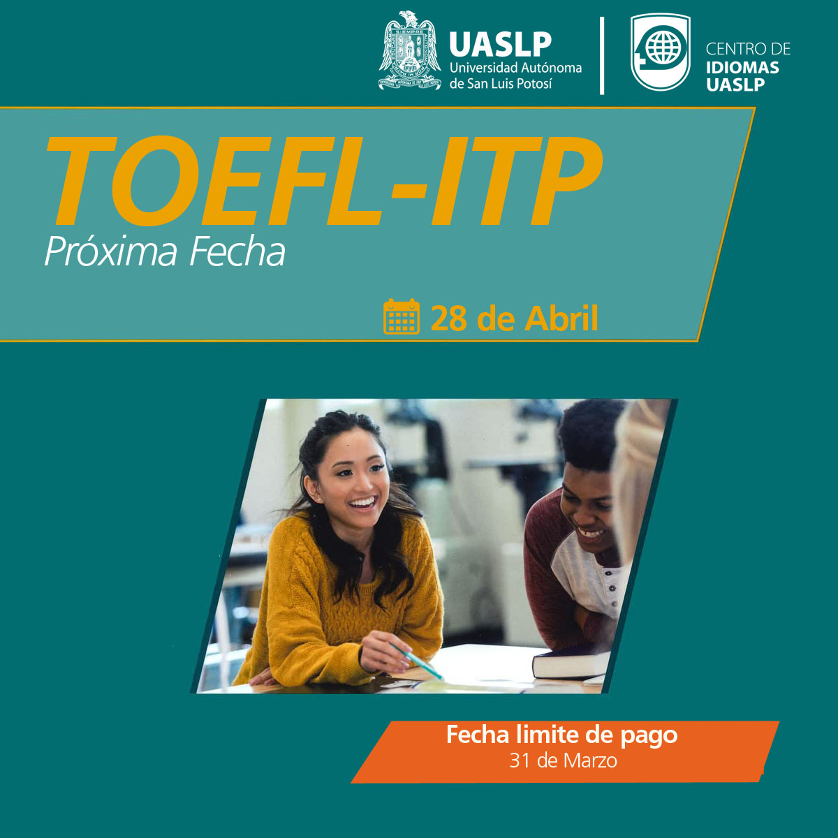 UASLP_Idiomas's tweet photo. ✍️ Nuestra próxima fecha de aplicación examen TOEFL ITP será el 28 de abril, con límite de pago y registro al 31 de marzo. ¡No te quedes fuera!

🌐 Consulta la información del examen en https://t.co/lPHZgIO0hR 

#UASLP #TOEFL #examenTOEFL #TOEFLITP https://t.co/cdMDZo1eNb