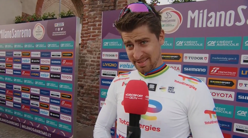 DanDeakins's tweet photo. Interviewer: "What do you think is going to happen tomorrow?"
Sagan: "I think somebody is going to win" 

Never change, Peter 😂

#MilanoSanremo https://t.co/YmMMrYAst3