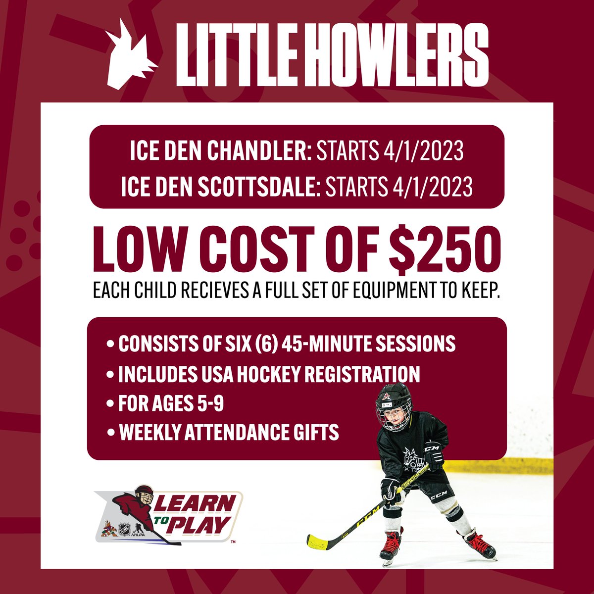 We have two new Little Howlers learn-to-play sessions starting soon! This is the perfect introduction to hockey for your child. Plus, it's only $250! Registration for these sessions close tomorrow, so be sure to sign up today! learntoplay.nhl.com/locations/coyo…