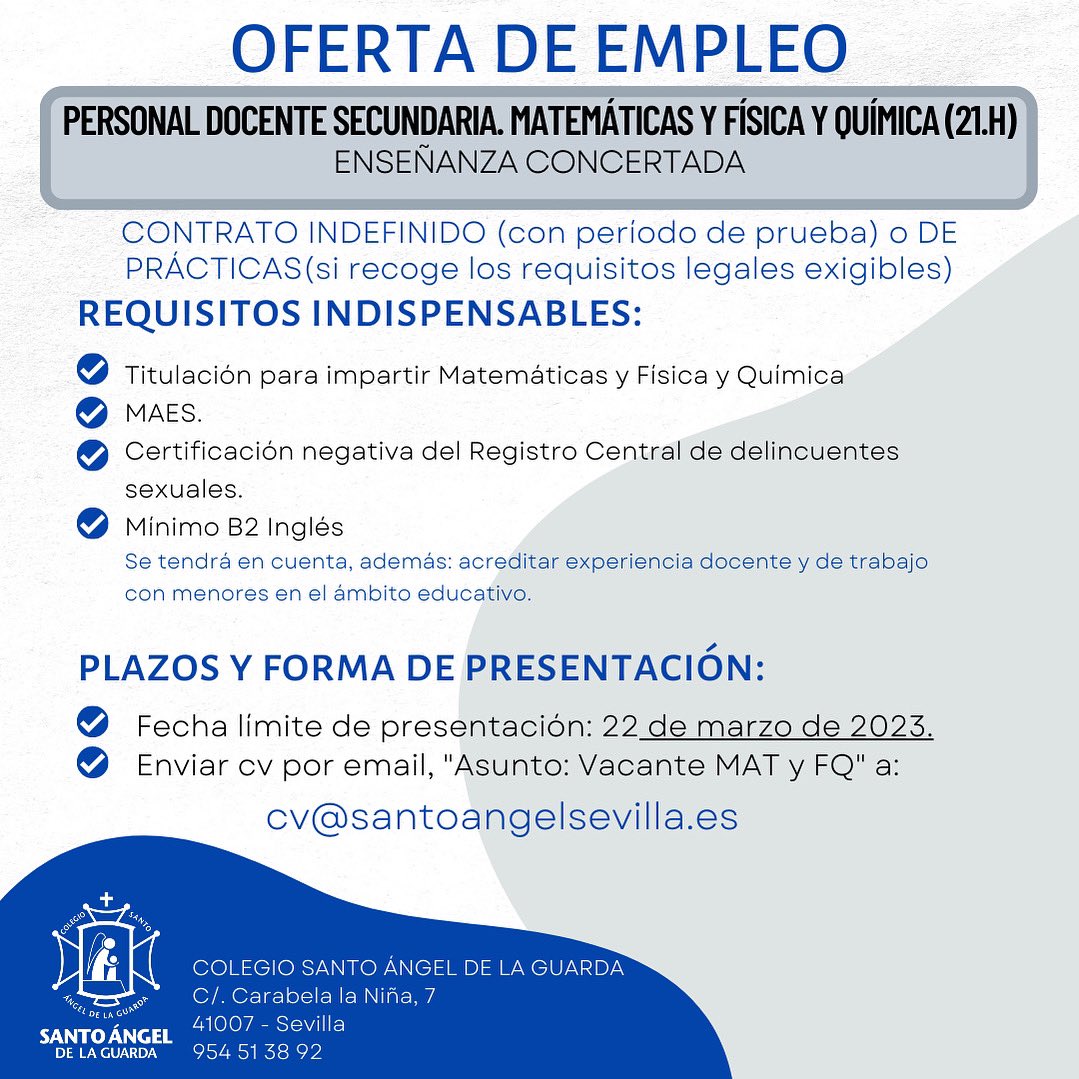 #ofertalaboral  #ofertadeempleo  #profesorsecundaria  #matematicas  #fisicayquimica  #educacionsecundaria