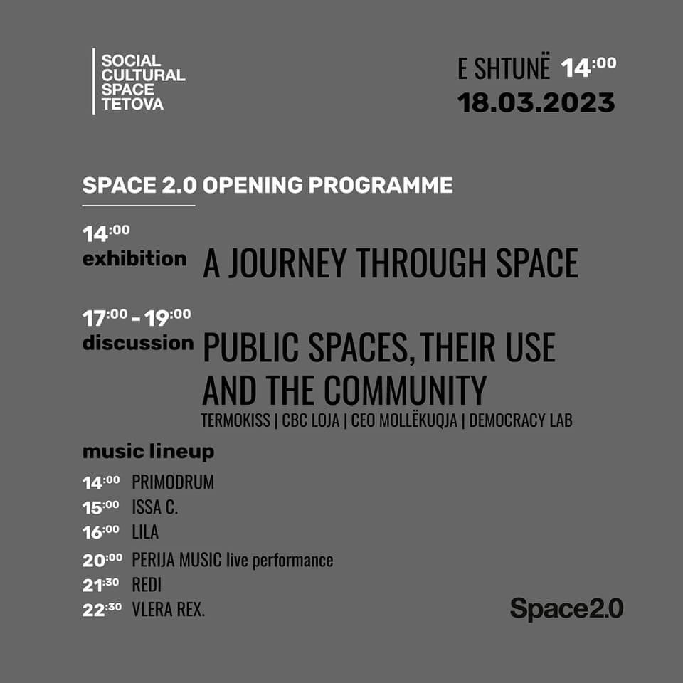 SpaceTetova's tweet image. 📢 Programi i Ditës së Hapjes 📢

Ky është programi i plotë për ditën e nesërme, në hapjen zyrtare të hapësirës tonë të re, Space 2.0.

⏰️ E SHTUNË, 14:00 - 24:00
📍 Space 2.0 (afër furrës Arteka, Rr. Boris Kidriç)

#SpaceTetova #komunitet #hapësirajote #SafeSpace