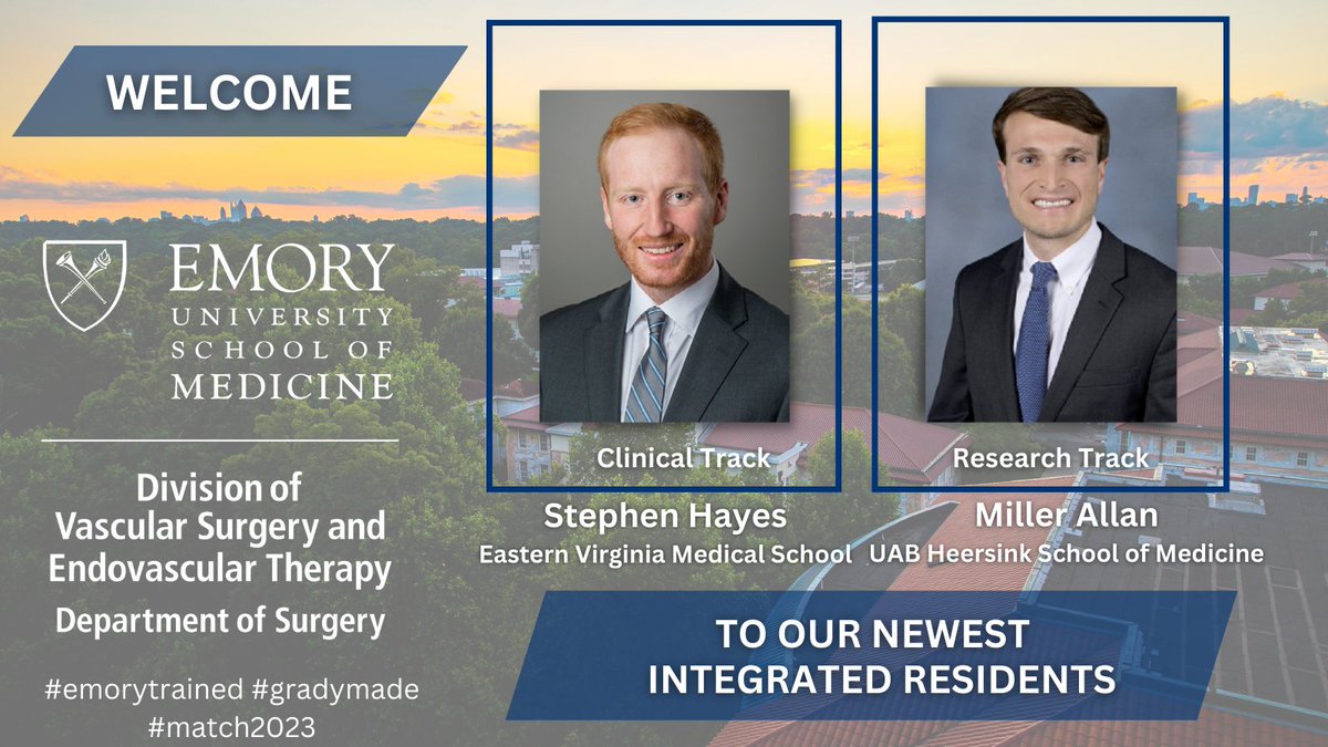 Emory Division of Vascular Surgery (@emoryvascsurg) on Twitter photo It's a MATCH (x2)! We are so excited to welcome the newest members of our growing Integrated Residency Program! Can't wait for Stephen Hayes and Miller Allan to join us in Atlanta! #Match2023 #emorytrained #gradymade <a href="/FutureVascSurgn/">FutureVascSurgeons</a> It's a MATCH (x2)! We are so excited to welcome the newest members of our growing Integrated Residency Program! Can't wait for Stephen Hayes and Miller Allan to join us in Atlanta! #Match2023 #emorytrained #gradymade <a href="/FutureVascSurgn/">FutureVascSurgeons</a>