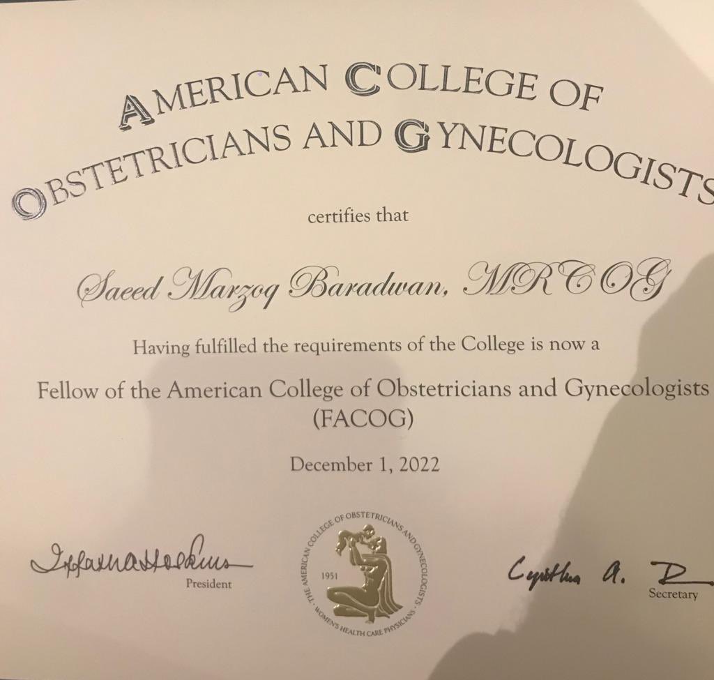 saeed_bardwan's tweet photo. I am honored to share my immense joy in completing the requirements of the American college of obstetricians and gynecologists. Officially, I am fellow of the American college of obstetricians and gynecologists ( #FACOG ). https://t.co/12b8uzFDyy