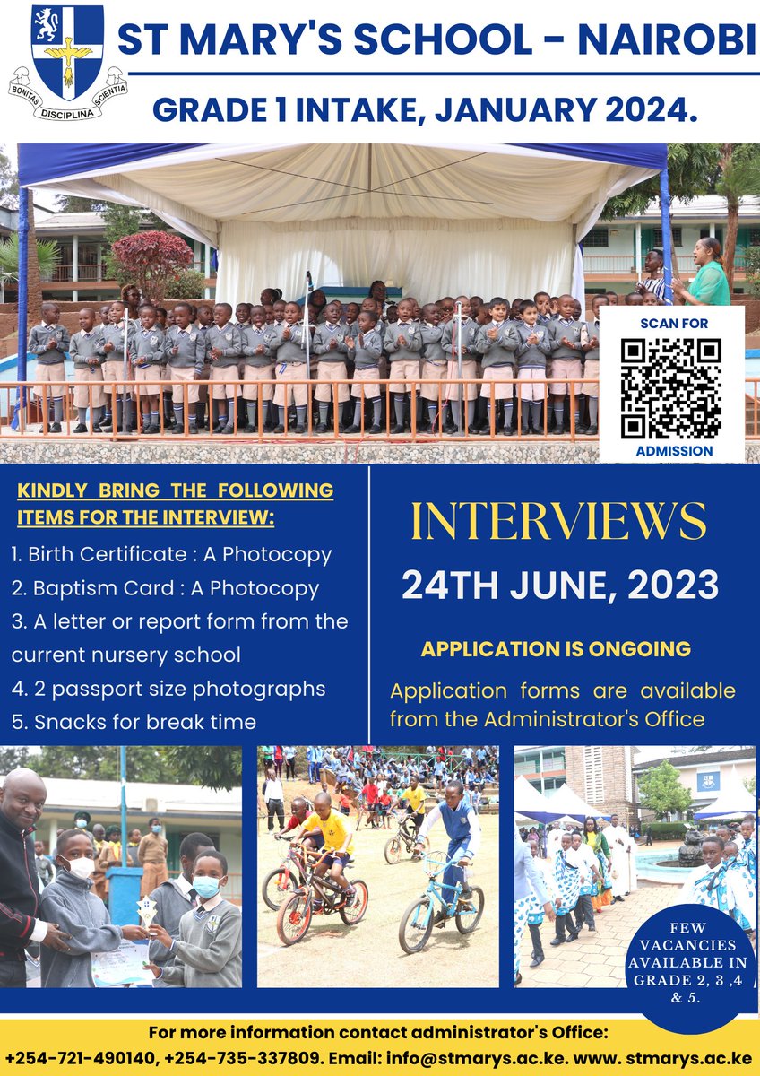 STMarys13's tweet photo. @KWC_Congress Interviews for grade 1 intake, January 2024, will be on 24th June, 2023. See poster for more details. https://t.co/Ymre0br3N1