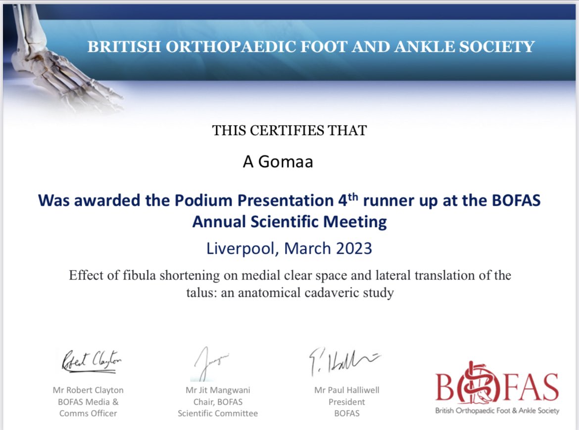 Well done to <a href="/agomaa91/">Abdul-Rahman Gomaa</a> for being the 2nd best registrar podium paper (4th best overall) in <a href="/BOFAS_UK/">BOFAS</a> conference last week. Great collaboration between our unit and <a href="/LivUni/">University of Liverpool</a> HARC <a href="/Drlyndonmason/">Lyndon Mason</a> <a href="/NiamhLHeeran/">Niamh</a> <a href="/GraceAirey/">Grace Airey</a> <a href="/rajkumargang/">Rajkumar Gangadharan</a> <a href="/AlBondAnatomy/">Alistair Bond</a>