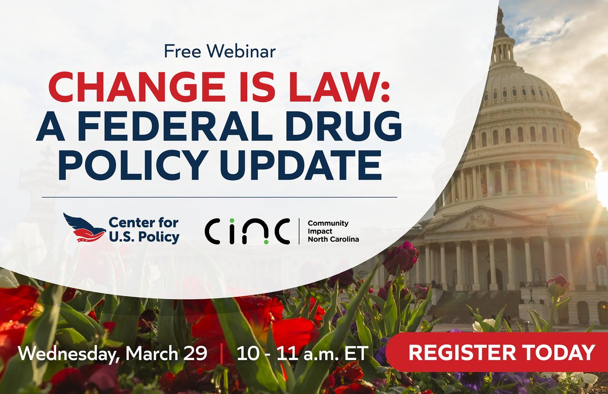 Given the drug poisoning crisis &amp; May 11 end of the #COVID19 public health emergency, a lot is happening in #drugpolicy. <a href="/impactcarolina/">Community Impact NC</a> &amp; <a href="/USPolicyCenter/">Center for U.S. Policy</a> will help you stay up to date. Join our webinar Weds, 3/29, 10-11 am ET. us02web.zoom.us/meeting/regist…