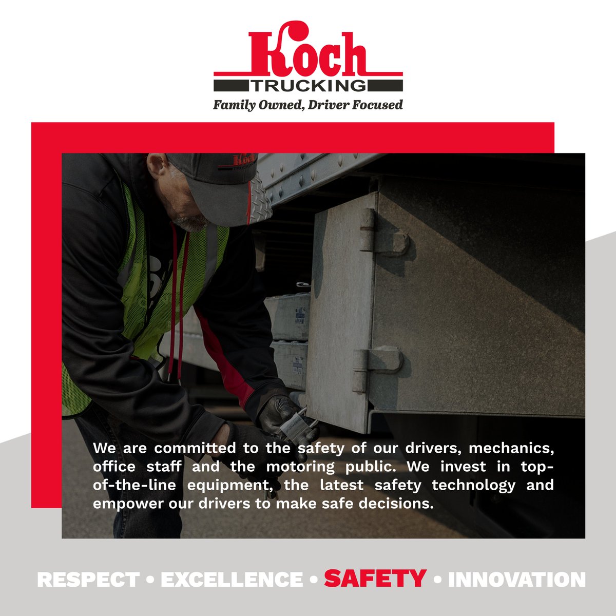Koch Trucking prioritizes the safety of our drivers, mechanics, office staff, and the motoring public. We invest in top-of-the-line equipment, the latest safety technology, and empower our drivers to make safe decisions! That’s how Koch is committed to safety! 🚚 #trucking #truck