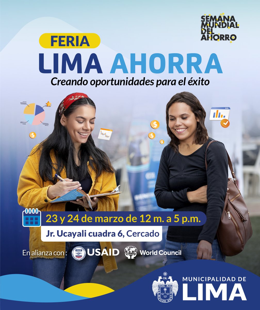 #FeriaLimaAhorra 🚩| En el marco de la #SemanaMundialDelAhorro, más de 20 financieras se reúnen en la Feria LIMA AHORRA, organizada por la @MuniLima y el EIP de @USAIDPeru y @WOCCU.

También habrán #talleresgratuitos y #EducaciónFinanciera NO FALTES!!!