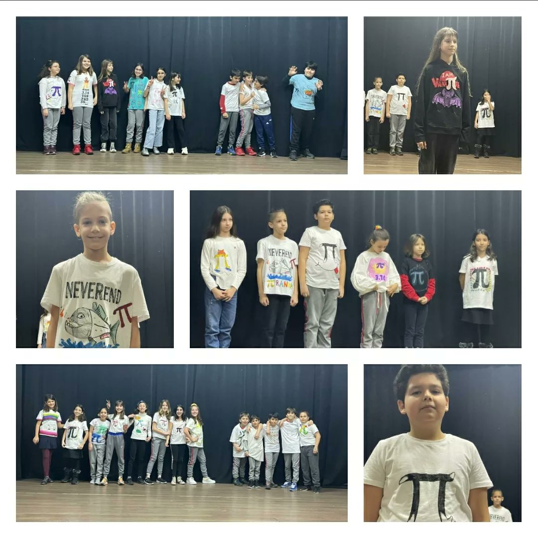 Dünya 14 Mart Matematik Günü kapsamında, okulumuzda yaptığımız Pİ Haftası etkinliğimizde;
5. sınıflarımız pi temalı tişört tasarladılar. Tasarladıkları tişörtleri bir defile ile arkadaşlarına sergilediler. Benimki en güzel yarışması ile En iyi Pİ Day Tişörtlerini seçtiler.