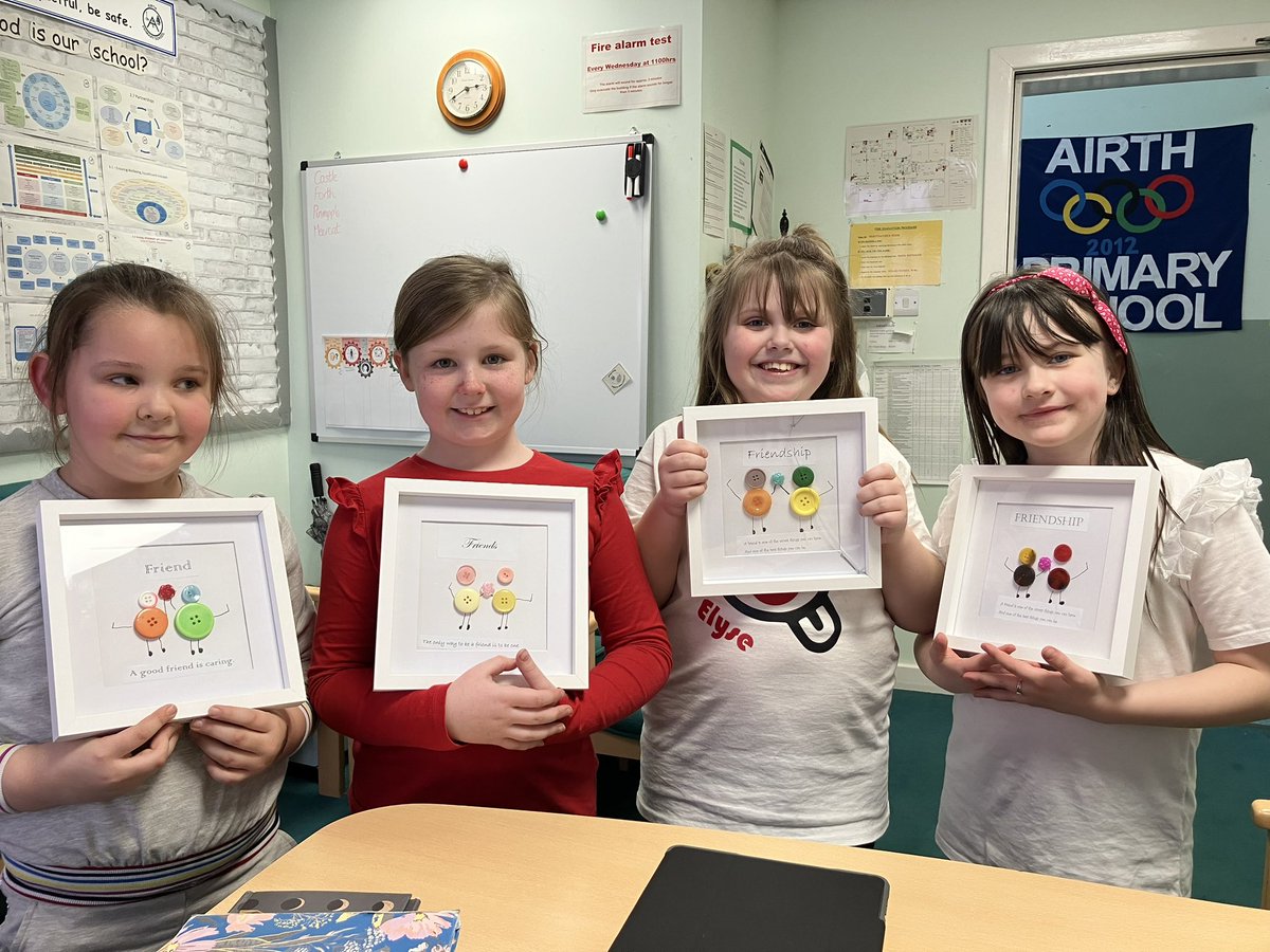 This group of fabulous P5s started their own business in the community and raised money for Comic Relief. Entrepreneurs in the making! And these P4 girls made gorgeous friendship frames to show how important it is to be a good friend🤩<a href="/airthprimary/">Airth Primary School</a> <a href="/MissFergusonAPS/">Miss Ferguson</a> <a href="/MrssmithG/">P4 and Mrs Smith</a>