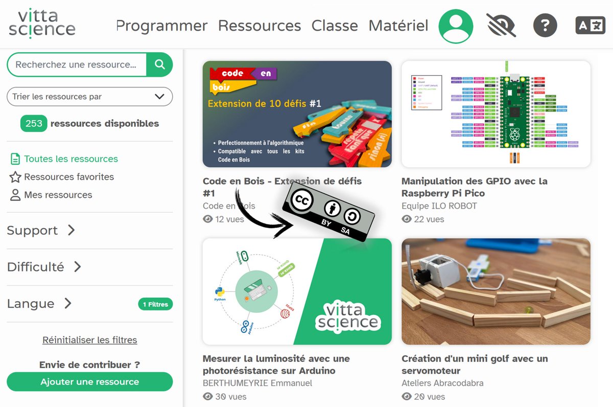 CodeEnBois's tweet photo. #CodeenBois est distribué sur @Vittascience, concepteur de super kits scolaires de découverte de l'électronique, avec une plateforme de programmation en blocs. Nos ressources y sont dispos en licence #creativecommons pour permettre aux profs de les améliorer et partager! https://t.co/s9EweKne9b