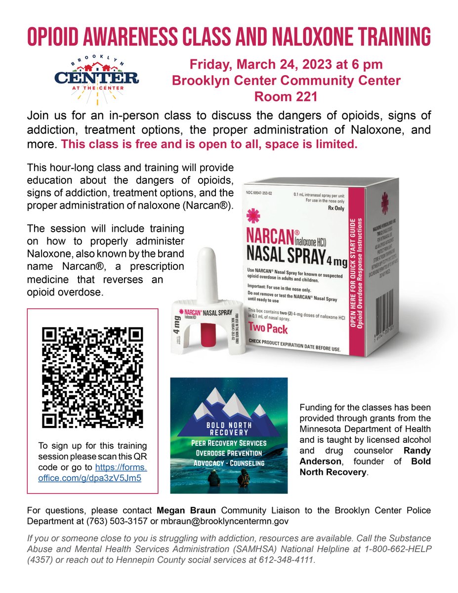 BCFD1949's tweet photo. Opioid Awareness Class and Naloxone Training 
Friday, March 24, 2023, at 6 pm 
Brooklyn Center Community Center 
Room 221

To sign up for this training session please scan the QR code or go to https://t.co/SmJAfTQHhZ\ https://t.co/OyowxREgyp