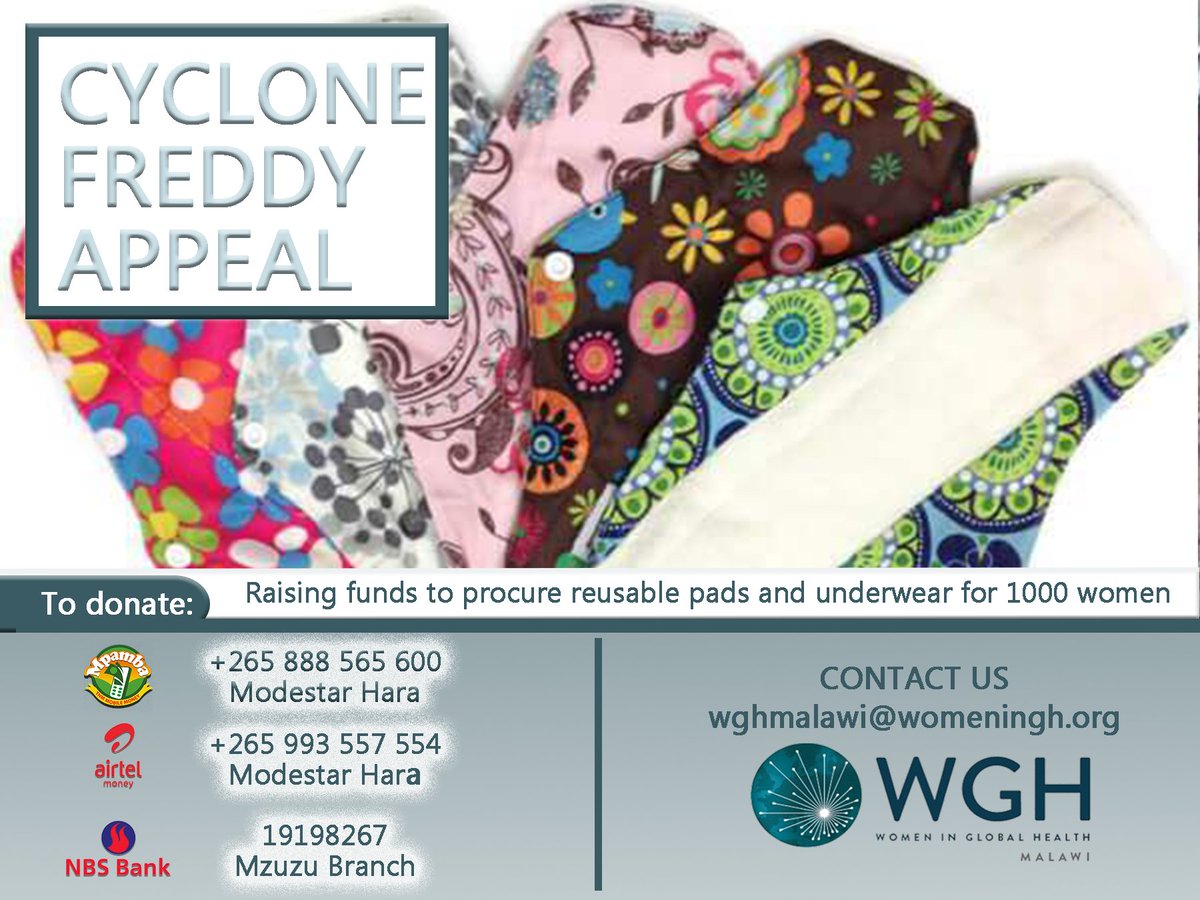 WGHMalawi's tweet photo. Help women &amp; girls affected by Cyclone Freddy manage their menstrual cycles with dignity &amp; safety. Support Women in Global Health Malawi &amp; local partners by donating for reusable pads &amp; underwear. Your donation can make a difference!  https://t.co/n53PZpSCLE 
#CycloneFreddyRelief https://t.co/4UtycBMNpX