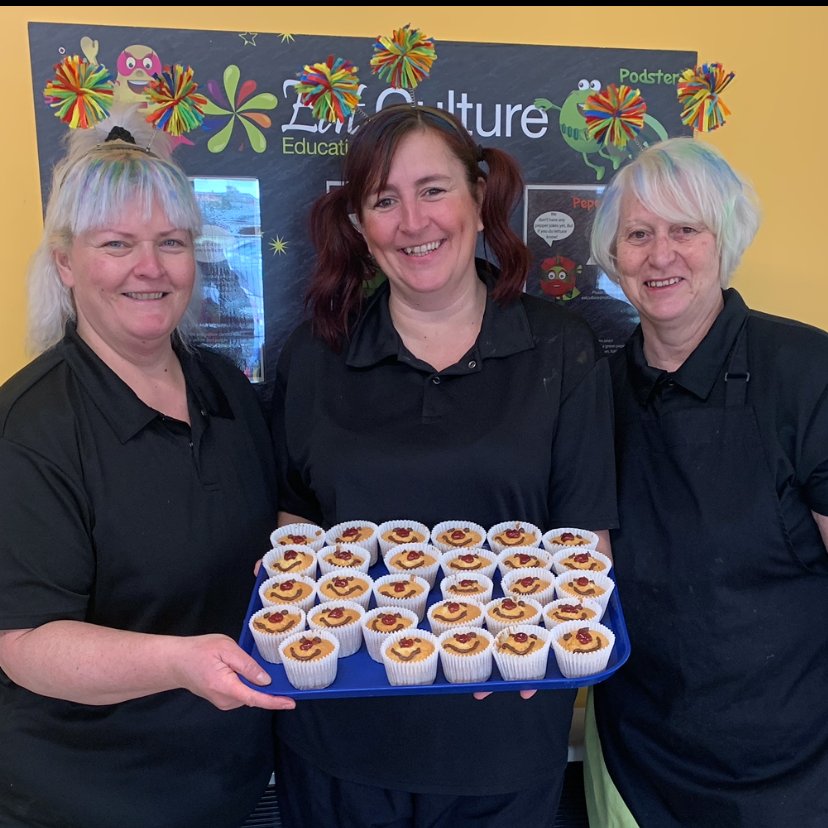 The Catering Team are looking fabulous in their deely boppers for Red Nose Day at Forest Town Primary and very cute Red Nose cupcakes too!