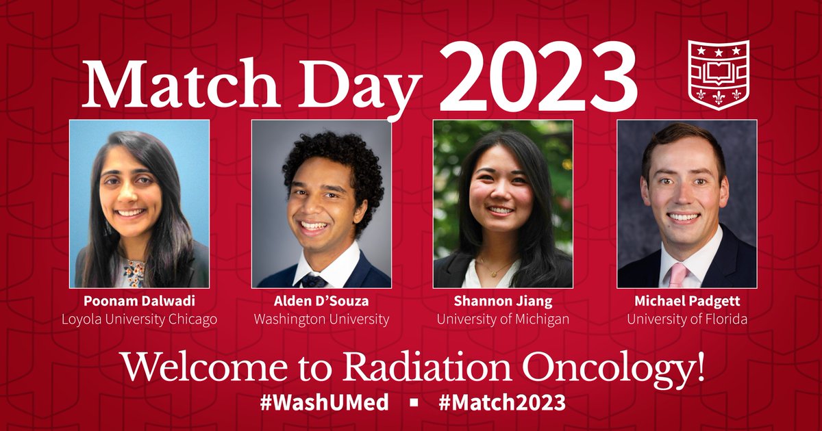 WashUMedRadOnc's tweet photo. We are thrilled to have matched with Poonam Dalwadi, Alden D'Souza, Shannon Jiang &amp; Michael Padgett! 

Welcome to the #radonc family @WUSTLmed! 😎🎉And congrats to all who matched today #Match2023! https://t.co/ZC7RjDaN2t