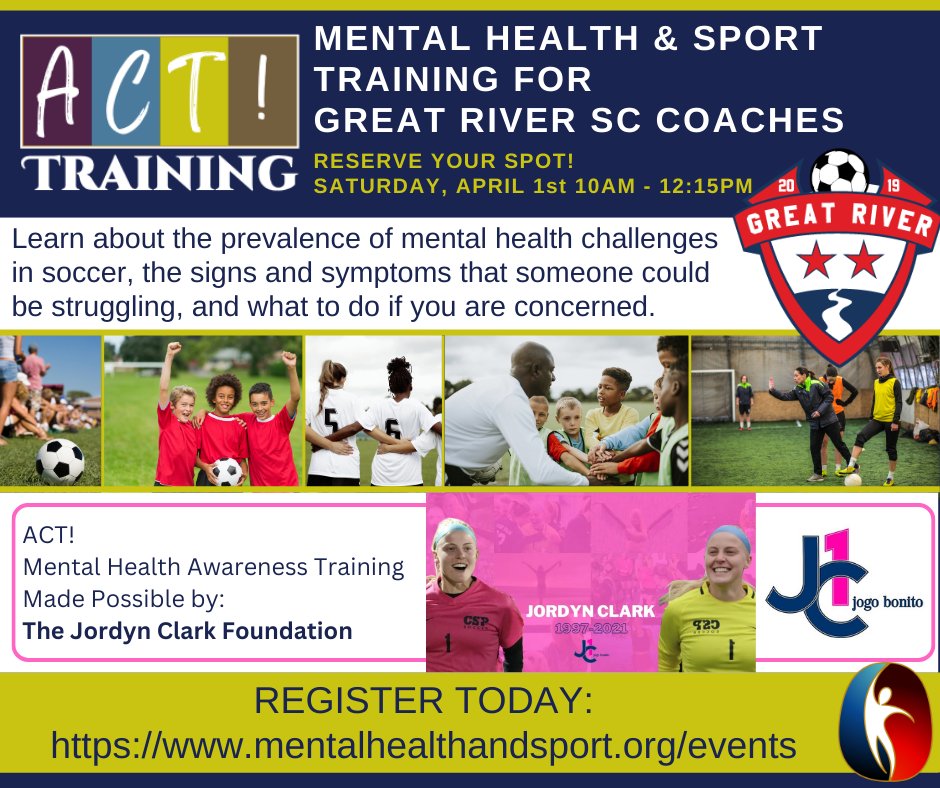 U.S. Center for Mental Health & Sport (@mhandsport) on Twitter photo REMINDER: Great River SC ACT! Mental Health Awareness Certification - mailchi.mp/1a7786b687bf/o…
<a href="/GreatRiverSC/">GreatRiverSC</a> Coaches, Sign up today! Support the #mentalhealth of athletes, peer coaches and others. #Mentalhealthmatters and coaches can #SaveLives if they #StarttheConversation REMINDER: Great River SC ACT! Mental Health Awareness Certification - mailchi.mp/1a7786b687bf/o…
<a href="/GreatRiverSC/">GreatRiverSC</a> Coaches, Sign up today! Support the #mentalhealth of athletes, peer coaches and others. #Mentalhealthmatters and coaches can #SaveLives if they #StarttheConversation